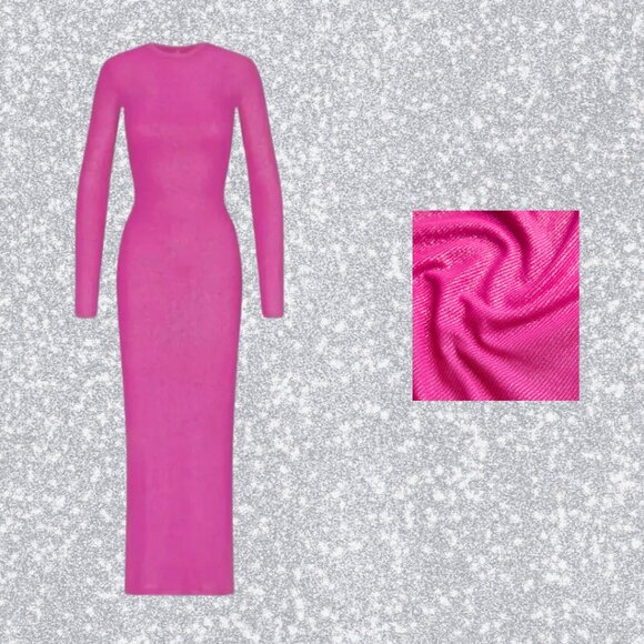 SKIMS Soft Lounge Long Sleeve SHIMMER FOIL Maxi Dress - Hot Pink - NWT - X - Picture 4 of 11